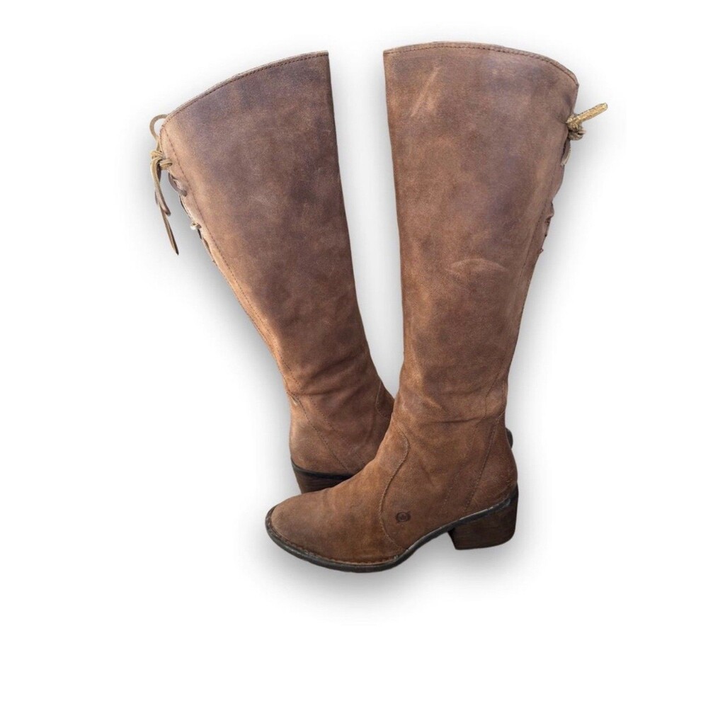 Born Felicia Brown Distressed Suede Leather Lace Back Zippered Tall Boots Size 6